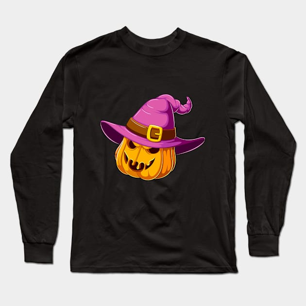 Halloween pumpkin with witch hat Long Sleeve T-Shirt by sharukhdesign